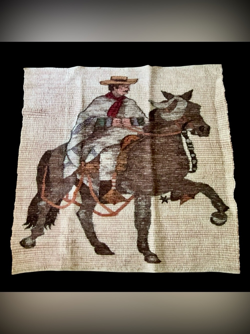 Vintage Beautiful Handwoven Peruvian Wool Weaving Tapestry Vaquero Pictorial Rug